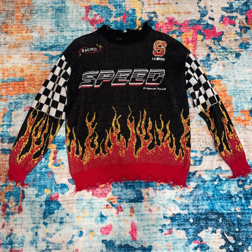 SHEIN Black Red Racing Graphic Crewneck Sweater